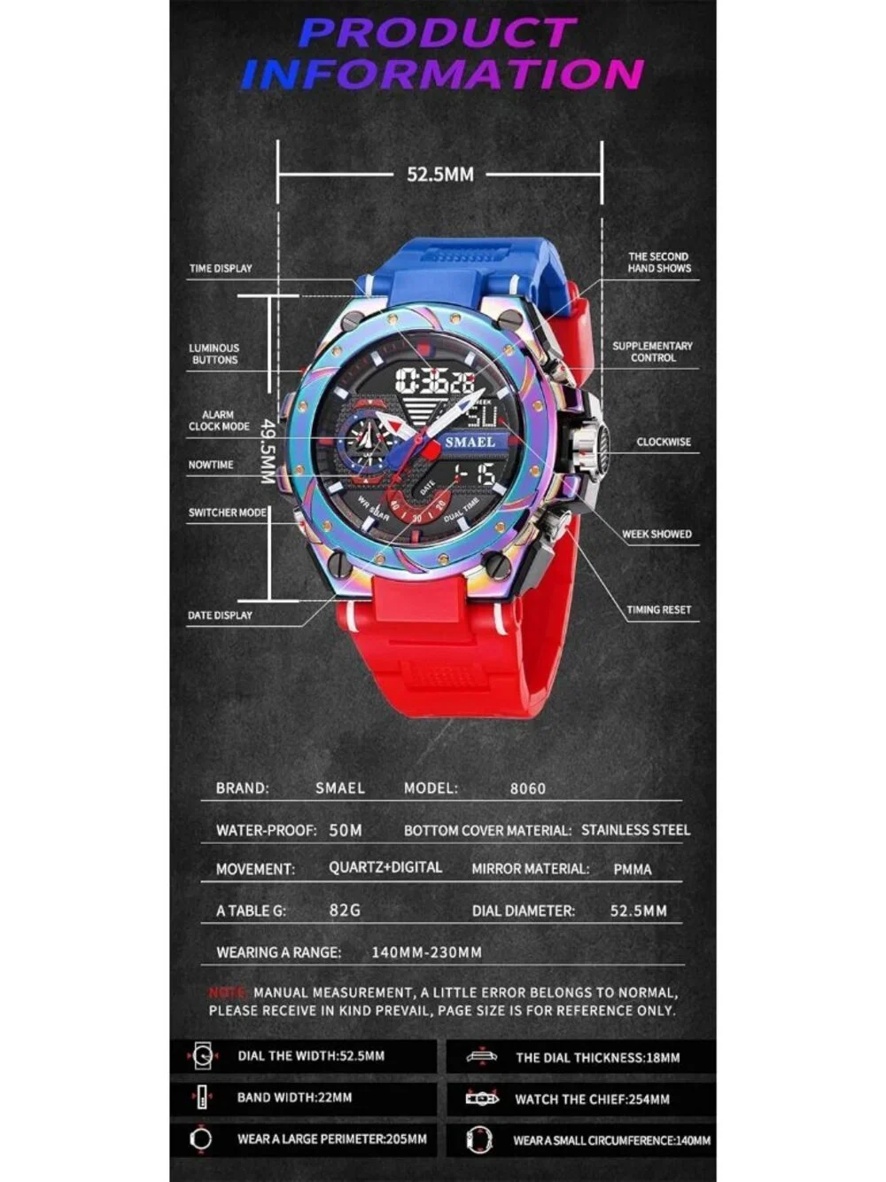 Men's Red And Blue Analog Quartz Sports Waterproof Military LED Digital Watch
